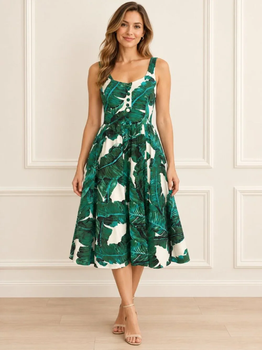 NWT Belle Poque Tropical Leaf Fit & Flare Midi Dress Size S